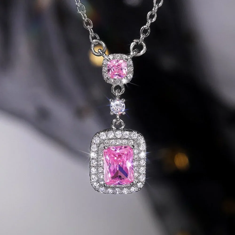 "Double Royal Pink Zircon Luxury Necklace for Women, UNVN12411 - Picture 1 of 3